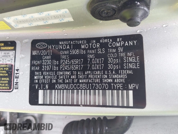 2011 Hyundai Veracruz GLS with VIN KM8NUDCC8BU173070, listed as a IAAI auction lot 41802595 with 181,928 mi miles and . Bid and sale history available at DreamBid. Image 9.