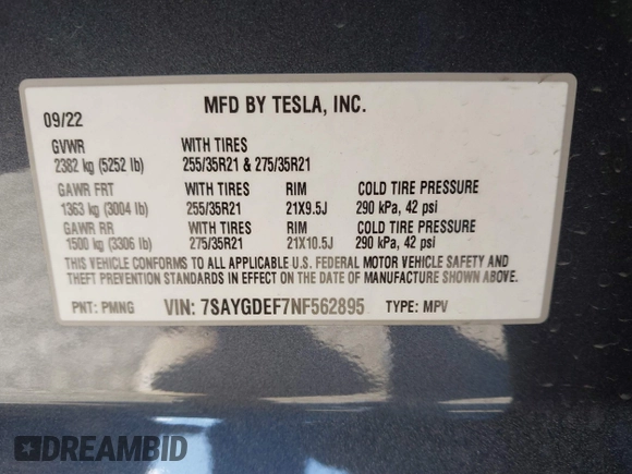 2022 Tesla Model Y Performance with VIN 7SAYGDEF7NF562895, listed as a IAAI auction lot 41692864 with 29,904 mi miles and . Bid and sale history available at DreamBid. Image 9.