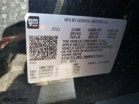 2021 GMC Yukon XL Denali with VIN 1GKS1JKL3MR417041, listed as a Copart auction lot 88816635 with 78,757 mi miles and Salvage Title. Bid and sale history available at carsss.com. Image 13.