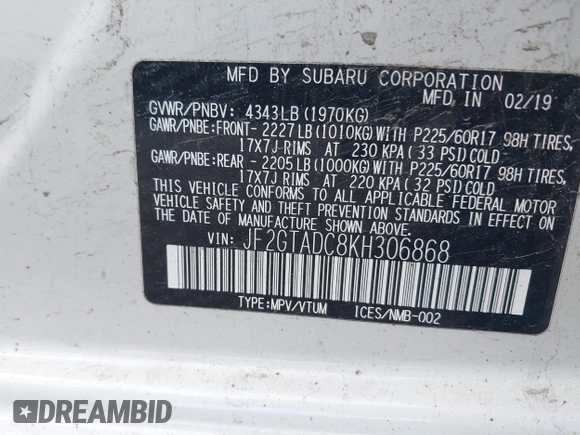 2019 Subaru Crosstrek Premium with VIN JF2GTADC8KH306868, listed as a IAAI auction lot 42262356 with 127,592 mi miles and . Bid and sale history available at DreamBid. Image 9.