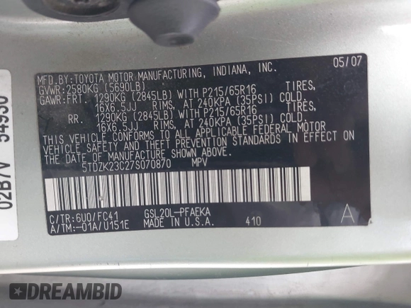 2007 Toyota Sienna CE with VIN 5TDZK23C27S070870, listed as a IAAI auction lot 42039359 with 331,934 mi miles and . Bid and sale history available at carsss.com. Image 9.