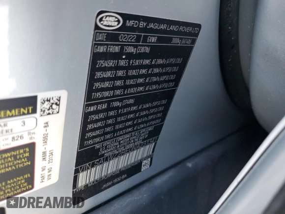 2022 Land Rover Range Rover Sport SVR with VIN SALWZ2RE0NA231341, listed as a Copart auction lot 85320344 with 32,573 mi miles and Salvage Title. Bid and sale history available at DreamBid. Image 14.