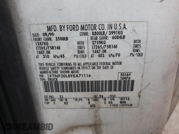 2000 Ford Super Duty F-250 XL with VIN 1FTNF20L8YEA71116, listed as a Copart auction lot 73739324 with 303,338 mi miles and Salvage Title. Bid and sale history available at carsss.com. Image 12.