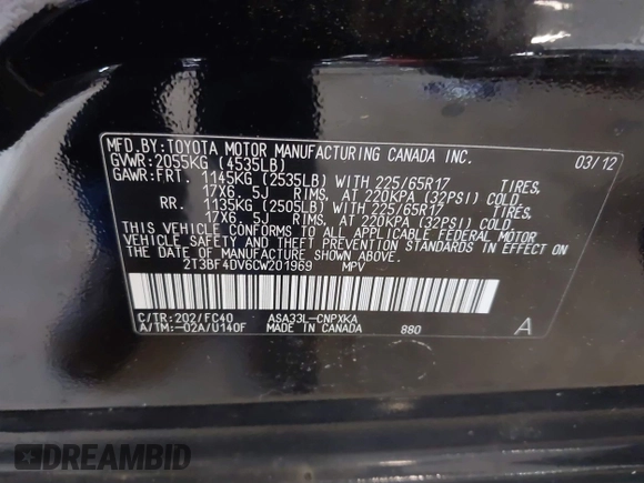 2012 Toyota RAV4 with VIN 2T3BF4DV6CW201969, listed as a IAAI auction lot 42570412 with 99,503 mi miles and . Bid and sale history available at DreamBid. Image 9.