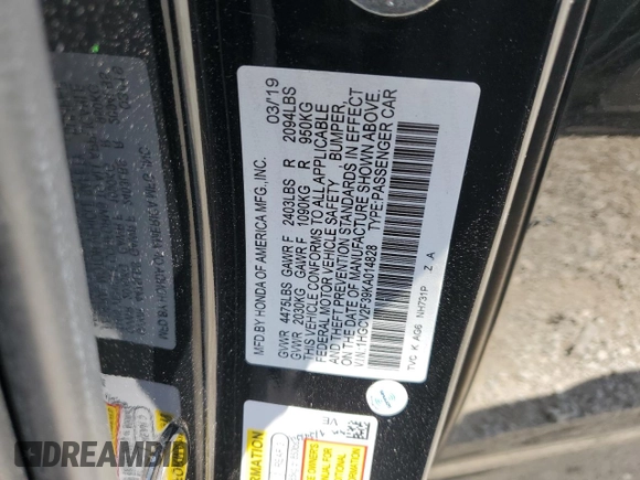 2019 Honda Accord Sport with VIN 1HGCV2F39KA014828, listed as a Copart auction lot 61508655 with 74,843 mi miles and Salvage title. Bid and sale history available at DreamBid. Image 12.