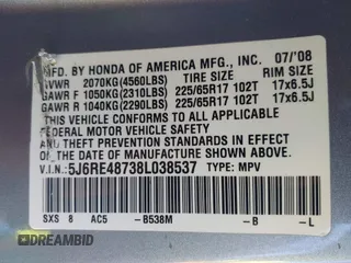 2008 Honda CR-V EX-L with VIN 5J6RE48738L038537, listed as a IAAI auction lot 41839277 with 207,305 mi miles. Bid and sale history available at carsss.com. Image 9.