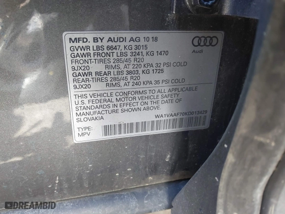 2019 Audi Q7 Prestige with VIN WA1VAAF70KD013429, listed as a IAAI auction lot 41739599 with 73,944 mi miles. Bid and sale history available at carsss.com. Image 9.