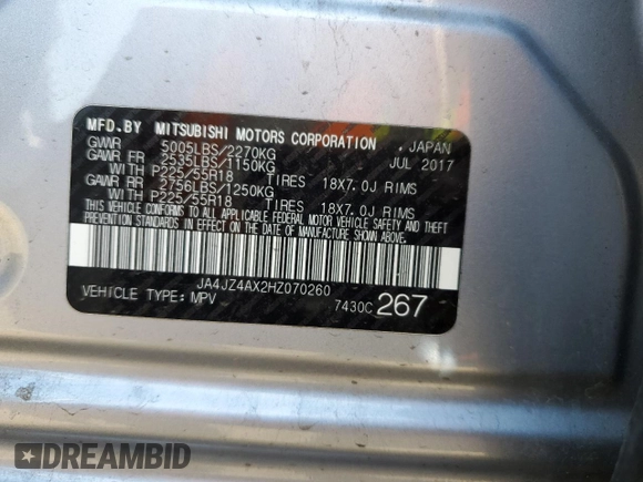 2017 Mitsubishi Outlander GT with VIN JA4JZ4AX2HZ070260, listed as a Copart auction lot 52376015 with 55,405 mi miles and Salvage title. Bid and sale history available at DreamBid. Image 12.