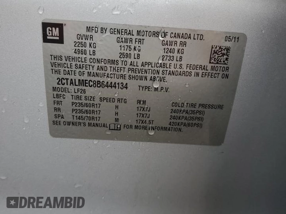 2011 GMC Terrain SLE-1 with VIN 2CTALMEC8B6444134, listed as a Copart auction lot 52831965 with Not provided miles and Salvage title. Bid and sale history available at DreamBid. Image 15.