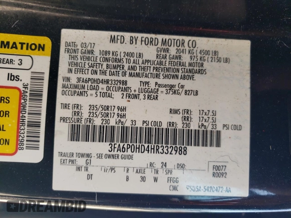 2017 Ford Fusion SE with VIN 3FA6P0HD4HR332988, listed as a Copart auction lot 62794235 with 61,706 mi miles and Salvage title. Bid and sale history available at DreamBid. Image 12.