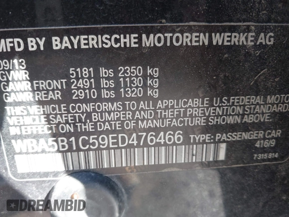 2014 BMW 5 Series 535i with VIN WBA5B1C59ED476466, listed as a IAAI auction lot 40785285 with 139,660 mi miles and . Bid and sale history available at DreamBid. Image 9.
