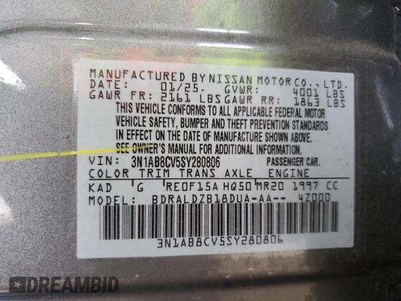 2025 Nissan Sentra SV with VIN 3N1AB8CV5SY280806, listed as a Copart auction lot 54550665 with 2,773 mi miles and Clean Title. Bid and sale history available at DreamBid. Image 12.