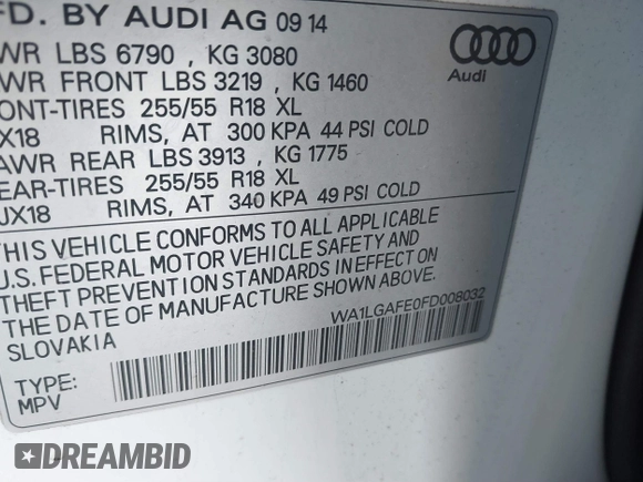 2015 Audi Q7 3.0T Premium Plus with VIN WA1LGAFE0FD008032, listed as a IAAI auction lot 41690210 with 92,690 mi miles. Bid and sale history available at carsss.com. Image 9.