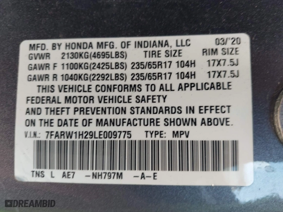 2020 Honda CR-V LX with VIN 7FARW1H29LE009775, listed as a IAAI auction lot 41571693 with 60,794 mi miles. Bid and sale history available at carsss.com. Image 9.