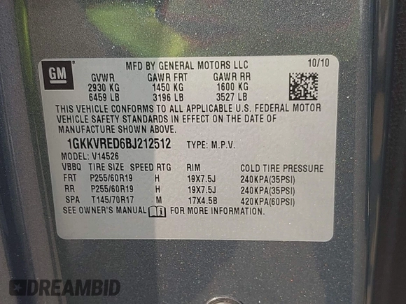 2011 GMC Acadia SLT1 with VIN 1GKKVRED6BJ212512, listed as a IAAI auction lot 42472759 with 116,513 mi miles and . Bid and sale history available at DreamBid. Image 9.