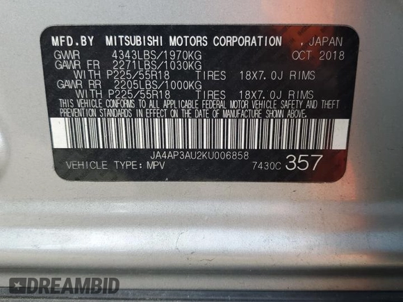 2019 Mitsubishi Outlander ES with VIN JA4AP3AU2KU006858, listed as a Copart auction lot 60683735 with 106,650 mi miles and Salvage title. Bid and sale history available at DreamBid. Image 13.