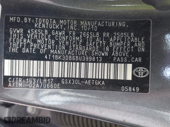 2011 Toyota Avalon with VIN 4T1BK3DB6BU399813, listed as a IAAI auction lot 41967855 with 223,326 mi miles and . Bid and sale history available at carsss.com. Image 9.