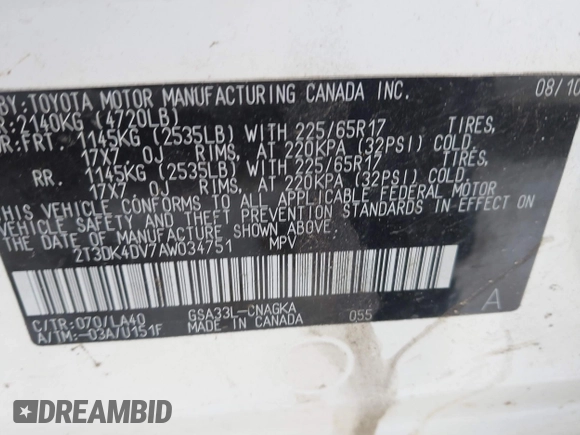 2010 Toyota RAV4 Ltd with VIN 2T3DK4DV7AW034751, listed as a IAAI auction lot 41434110 with 216,469 mi miles. Bid and sale history available at carsss.com. Image 9.