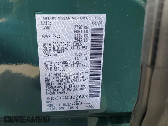 2024 Nissan Pathfinder Platinum with VIN 5N1DR3DJ2RC302683, listed as a Copart auction lot 53794565 with 1,101 mi miles and Salvage title. Bid and sale history available at DreamBid. Image 14.