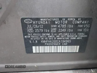 2012 Hyundai Azera с VIN KMHFH4JG0CA194965, выставлен на аукционе IAAI как лот 42543539 с пробегом 276 511 миль миль и . История ставок и продаж доступна на DreamBid. Изображение 9.