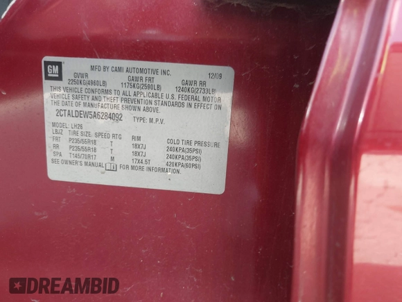 2010 GMC Terrain SLE-2 with VIN 2CTALDEW5A6284092, listed as a IAAI auction lot 42538650 with 118,379 mi miles and . Bid and sale history available at DreamBid. Image 9.