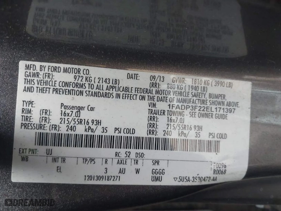 2014 Ford Focus SE with VIN 1FADP3F22EL171397, listed as a IAAI auction lot 41966681 with 182,303 mi miles. Bid and sale history available at carsss.com. Image 9.