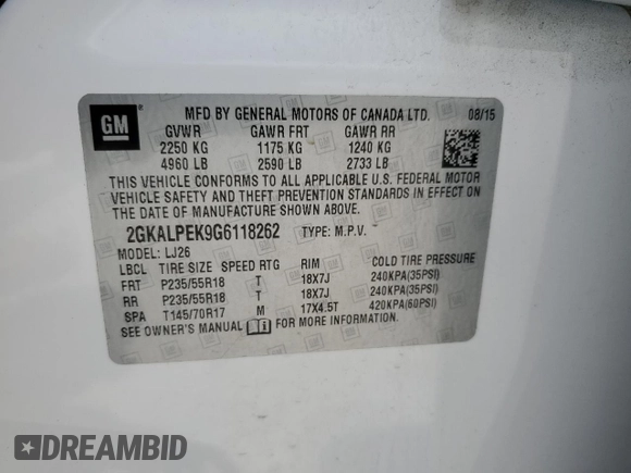 2016 GMC Terrain SLT z VIN 2GKALPEK9G6118262, wystawiony jako Copart lot #55845375 z przebiegiem 87 224 mil mil oraz Szkoda całkowita • Salvage title. Historia ofert i sprzedaży dostępna na DreamBid. Obrazek 13.