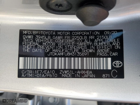2021 Toyota Prius L Eco with VIN JTDKAMFU8M3135691, listed as a Copart auction lot 45679435 with 40,846 mi miles and Salvage Title. Bid and sale history available at carsss.com. Image 14.