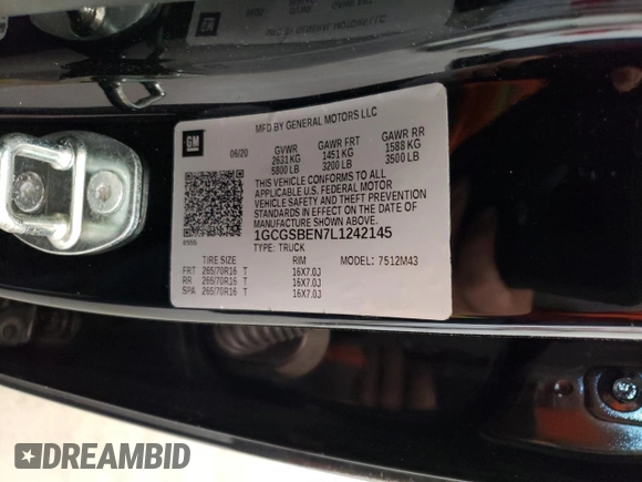 2020 Chevrolet Colorado 2WD Work Truck with VIN 1GCGSBEN7L1242145, listed as a Copart auction lot 43523345 with 29,516 mi miles and Salvage title. Bid and sale history available at DreamBid. Image 12.