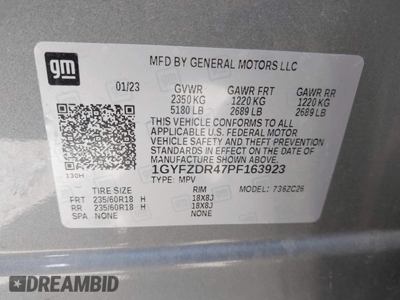 2023 Cadillac XT4 AWD Premium Luxury with VIN 1GYFZDR47PF163923, listed as a IAAI auction lot 42136236 with 52,012 mi miles and . Bid and sale history available at DreamBid. Image 9.