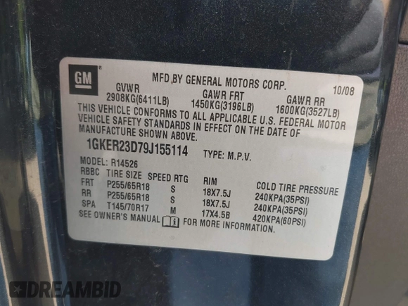 2009 GMC Acadia SLT1 with VIN 1GKER23D79J155114, listed as a IAAI auction lot 41925337 with 159,068 mi miles. Bid and sale history available at carsss.com. Image 9.