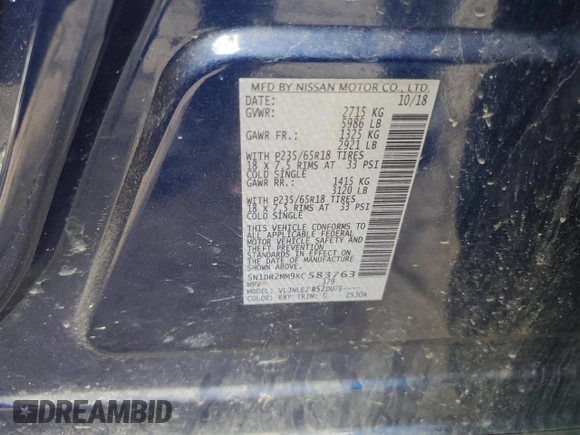 2019 Nissan Pathfinder SV with VIN 5N1DR2MM9KC583763, listed as a Copart auction lot 55849795 with 68,009 mi miles and Clean title. Bid and sale history available at DreamBid. Image 12.