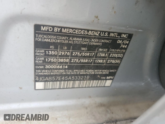 2005 Mercedes-Benz M 350 with VIN 4JGAB57E45A533219, listed as a Copart auction lot 59010965 with 219,507 mi miles and Clean title. Bid and sale history available at DreamBid. Image 13.
