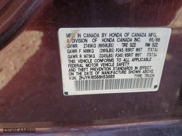 2008 Honda Ridgeline RTL with VIN 2HJYK16568H538811, listed as a Copart auction lot 65467294 with 270,974 mi miles and Salvage Title. Bid and sale history available at carsss.com. Image 14.