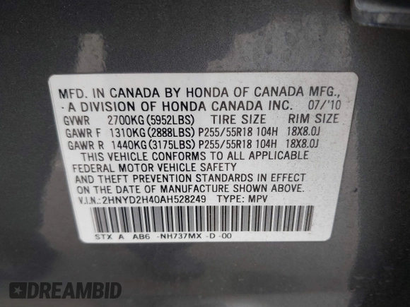 2010 Acura MDX Technology with VIN 2HNYD2H40AH528249, listed as a IAAI auction lot 42065007 with 204,453 mi miles and . Bid and sale history available at DreamBid. Image 9.