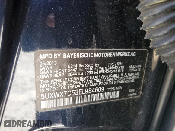2014 BMW X3 xDrive35i with VIN 5UXWX7C53EL984609, listed as a Copart auction lot 53712325 with 138,180 mi miles and Salvage Title. Bid and sale history available at DreamBid. Image 13.