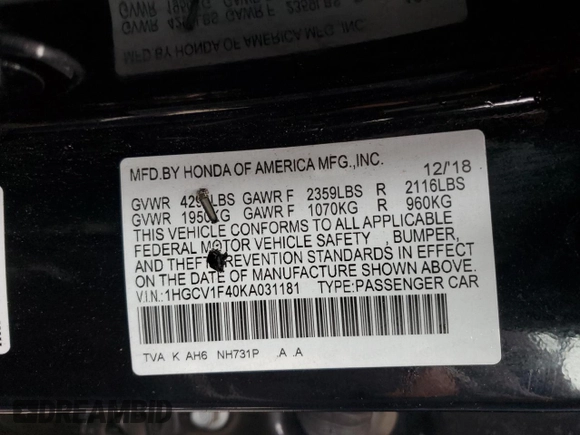 2019 Honda Accord EX z VIN 1HGCV1F40KA031181, wystawiony jako Copart lot #55635265 z przebiegiem 82 664 mil mil oraz Szkoda całkowita • Salvage title. Historia ofert i sprzedaży dostępna na DreamBid. Obrazek 12.