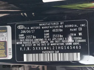 2017 Kia Optima SX with VIN 5XXGW4L21HG145463, listed as a IAAI auction lot 41604494 with 160,228 mi miles. Bid and sale history available at carsss.com. Image 9.