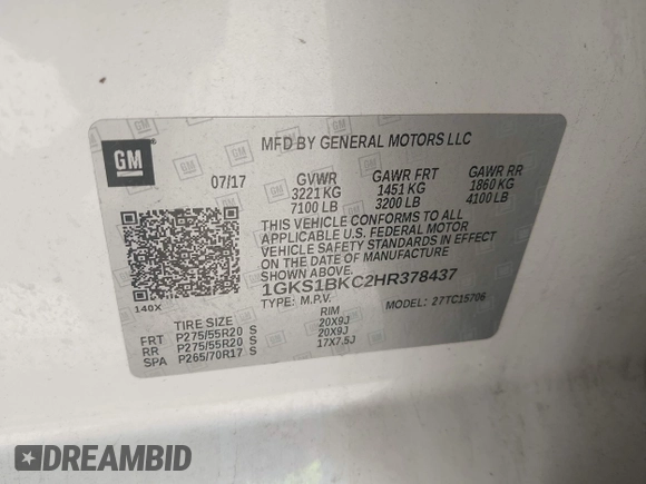 2017 GMC Yukon SLT z VIN 1GKS1BKC2HR378437, wystawiony jako IAAI lot #41923260 z przebiegiem 127 356 mil mil oraz . Historia ofert i sprzedaży dostępna na DreamBid. Obrazek 9.