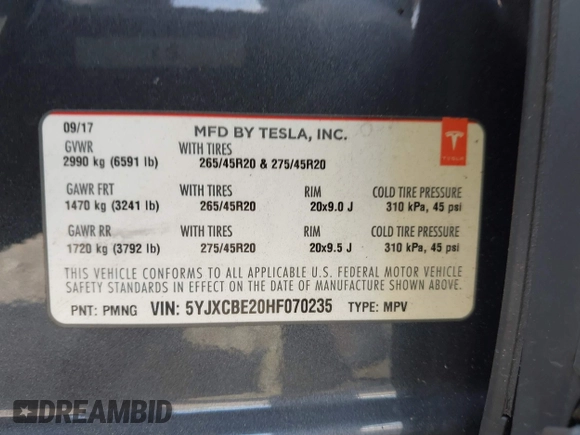 2017 Tesla Model X 90D z VIN 5YJXCBE20HF070235, wystawiony jako IAAI lot #42099344 z przebiegiem 57 686 mil mil oraz . Historia ofert i sprzedaży dostępna na DreamBid. Obrazek 9.