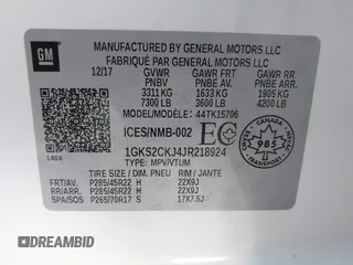 2018 GMC Yukon Denali with VIN 1GKS2CKJ4JR218924, listed as a IAAI auction lot 41702225 with 114,719 mi miles. Bid and sale history available at carsss.com. Image 9.