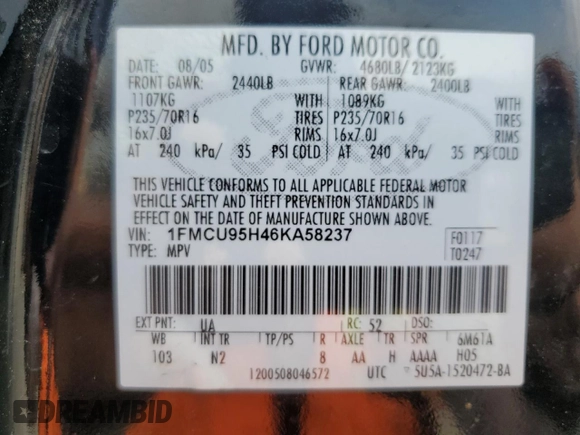 2006 Ford Escape Hybrid with VIN 1FMCU95H46KA58237, listed as a Copart auction lot 57710345 with 185,313 mi miles and Clean title. Bid and sale history available at DreamBid. Image 13.