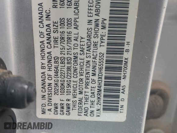 2013 Honda CR-V LX with VIN 2HKRM4H3XDH655552, listed as a Copart auction lot 57607065 with 159,871 mi miles and Salvage title. Bid and sale history available at DreamBid. Image 13.