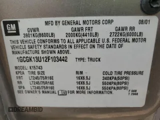 2002 Chevrolet Silverado 1500HD LT z VIN 1GCGK13U12F103442, wystawiony jako Copart lot #64629124 z przebiegiem 211 753 mil mil oraz Czysty tytuł • Clean title. Historia ofert i sprzedaży dostępna na DreamBid. Obrazek 12.