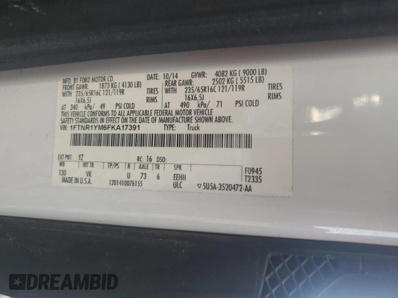 2015 Ford Transit Cargo with VIN 1FTNR1YM6FKA17391, listed as a Copart auction lot 56418755 with 247,093 mi miles and Salvage title. Bid and sale history available at DreamBid. Image 13.