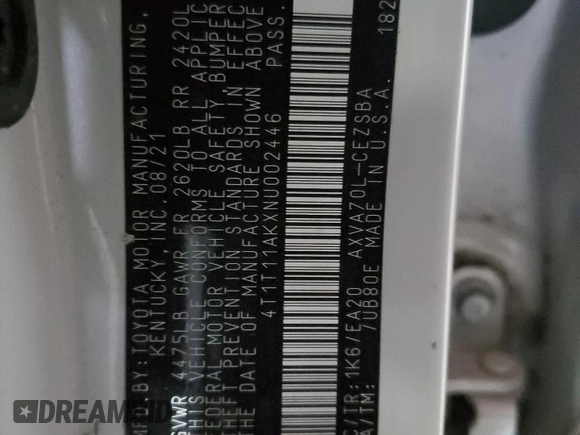 2022 Toyota Camry SE z VIN 4T1T11AKXNU002446, wystawiony jako Copart lot #53998025 z przebiegiem 50 759 mil mil oraz Szkoda całkowita • Salvage title. Historia ofert i sprzedaży dostępna na DreamBid. Obrazek 12.