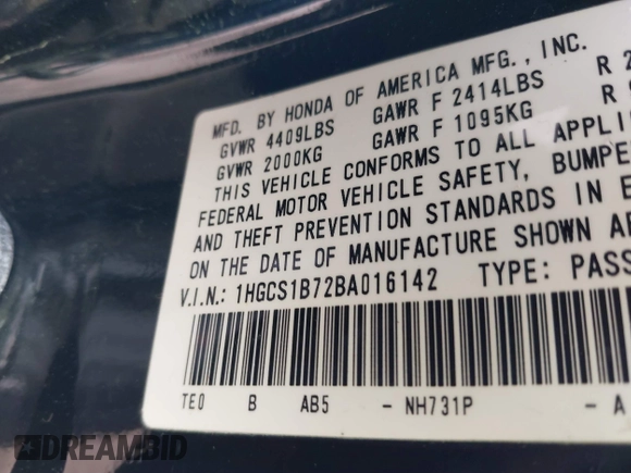 2011 Honda Accord EX with VIN 1HGCS1B72BA016142, listed as a IAAI auction lot 41286679 with 168,695 mi miles and . Bid and sale history available at DreamBid. Image 9.
