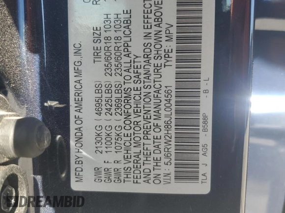 2018 Honda CR-V EX-L with VIN 5J6RW2H86JL004561, listed as a Copart auction lot 47167965 with 109,719 mi miles and Salvage Title. Bid and sale history available at carsss.com. Image 15.