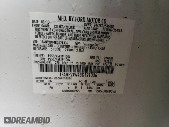 2011 Ford Taurus Limited с VIN 1FAHP2JW4BG121336, выставлен на аукционе Copart как лот 51763175 с пробегом 171 001 миль миль и Списание • Salvage title. История ставок и продаж доступна на DreamBid. Изображение 12.