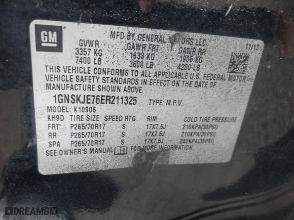 2014 Chevrolet Suburban LT with VIN 1GNSKJE76ER211325, listed as a IAAI auction lot 40072555 with 999,999 mi miles. Bid and sale history available at carsss.com. Image 9.